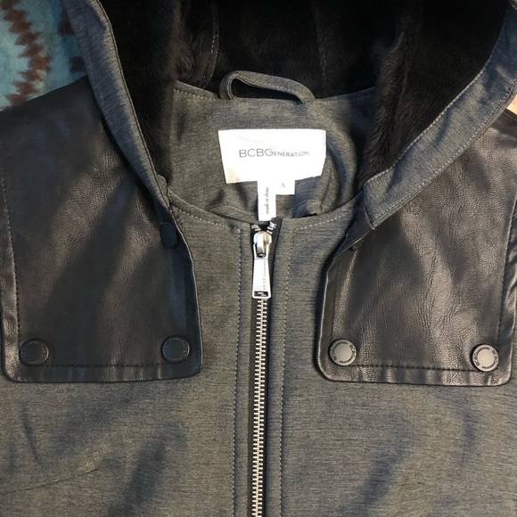 BCBGeneration Grey and Black Faux Leather Hooded Women's Jacket Sz Small - Picture 8 of 14